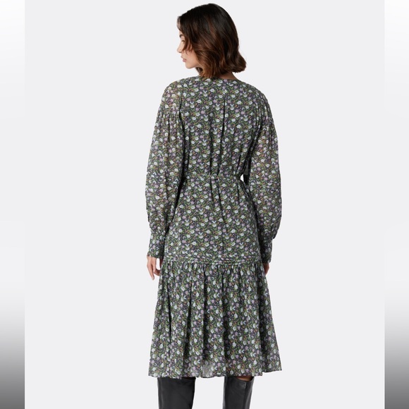 Joie Gabrielle Midi Cotton Tiered Skirt Balloon Sleeves Belted V Neck Dress sz 4 - Picture 3 of 17